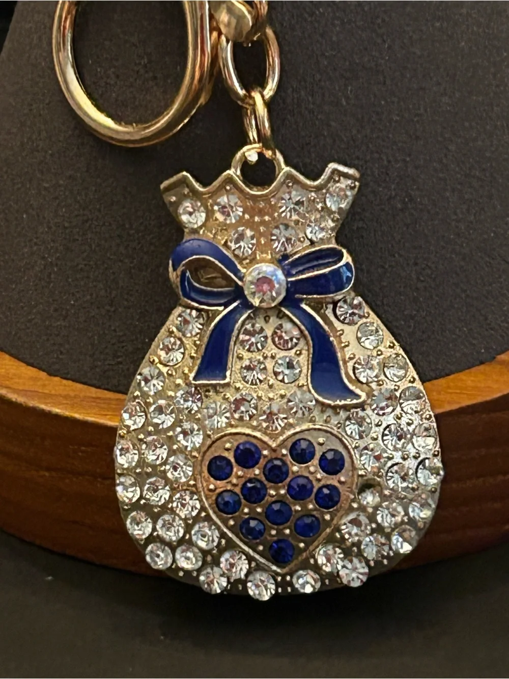 Gold-Tone Crystal Pouch Bag Charm Keychain with Blue 💙 Bow & Heart NWOT